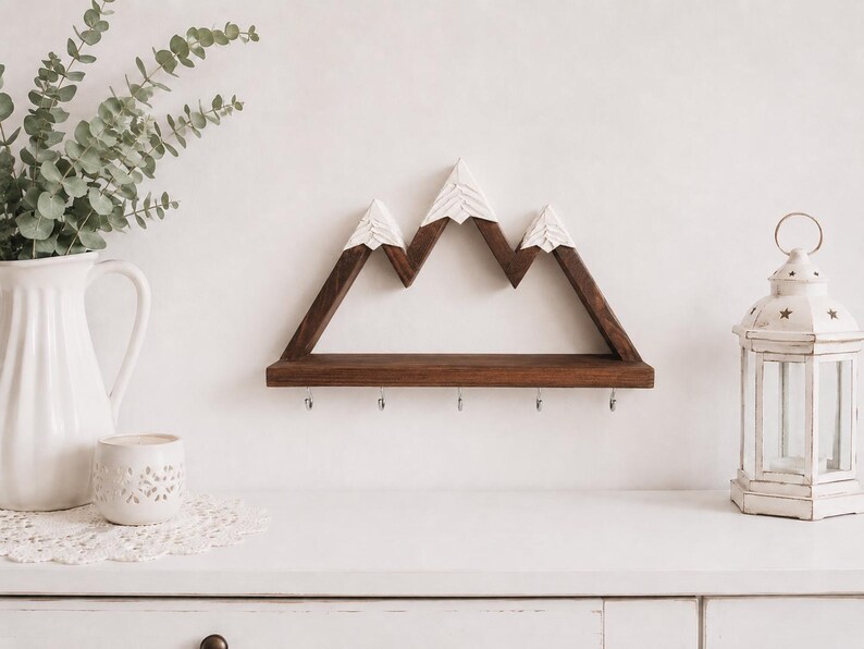 May include: A wall-mounted wooden shelf shaped like a mountain range with three peaks. The shelf is dark brown with white painted tips on the peaks and features five small silver metal hooks attached to the bottom edge for hanging items.