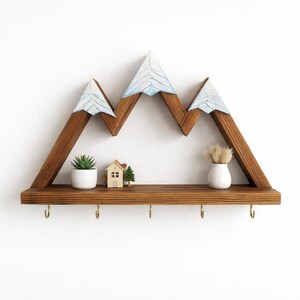 Mountain Key Holder for Wall with Shelf and Hooks | Rustic Wooden Key Rack | Entryway Organizer | Hiker Gifts gold hooks