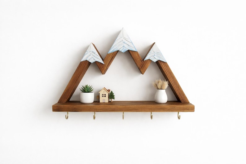 Mountain Key Holder for Wall with Shelf and Hooks | Rustic Wooden Key Rack | Entryway Organizer | Hiker Gifts gold hooks