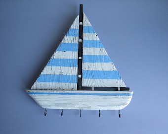 Sailboat key holder/ Key hanger for wall/ Nautical wood decor/ Housewarming gift first home