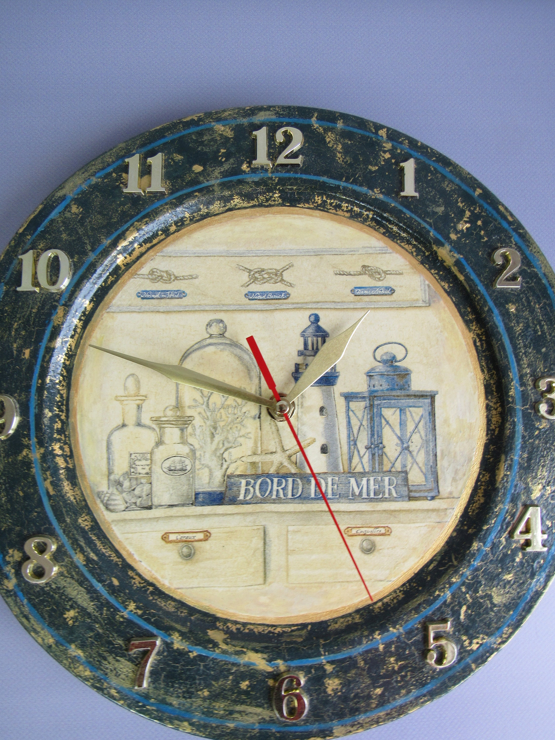 Nautical Silent Clock/ Round Wall Clock Wood/ Blue Kitchen Etsy