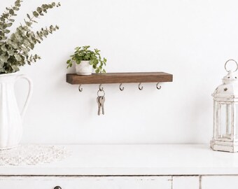 Minimalist Wooden Key Holder Shelf with Hooks | Small Floating Entryway Wall Organizer | Key Rack