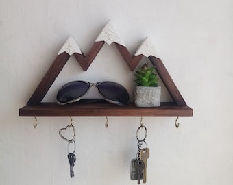 Mountain key rack shelf/ Key holder for wall with hooks/ First apartment gift