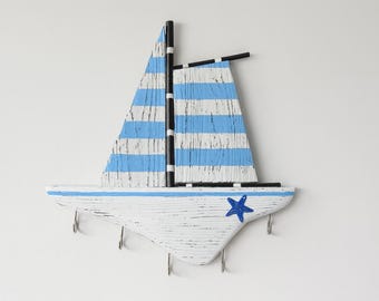 Sailboat Key Holder for Wall | Nautical Wooden Key Rack | Coastal Entryway Organizer | Beach House Decor