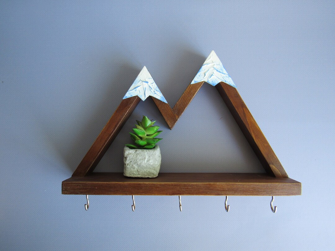 Mountain Key Holder for Wall/ Small Shelf With Hooks/ First Etsy