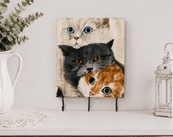 Wooden Cat Key Holder for Wall | Entryway Key Rack with Hooks | Pet Lover Gift