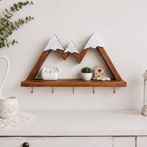 Geometric Wooden Mountain Wall Key Holder with Shelf and 5 Hooks