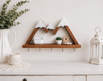 Geometric Wooden Mountain Wall Key Holder with Shelf and 5 Hooks
