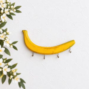 Banana Key Holder for Wall | Funky Fruit Key Rack with Hooks | Tropical Entryway Decor
