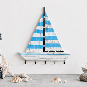 Sailboat Key Holder for Wall | Nautical Coastal Key Rack with Hooks | Beach House Decor