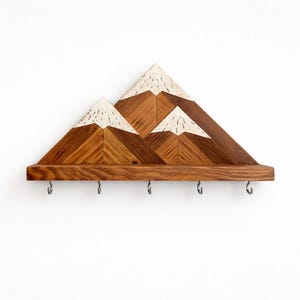 Llavero de pared de montaña / Estante de madera para llaves con ganchos / Organizador rústico para entrada silver hooks
