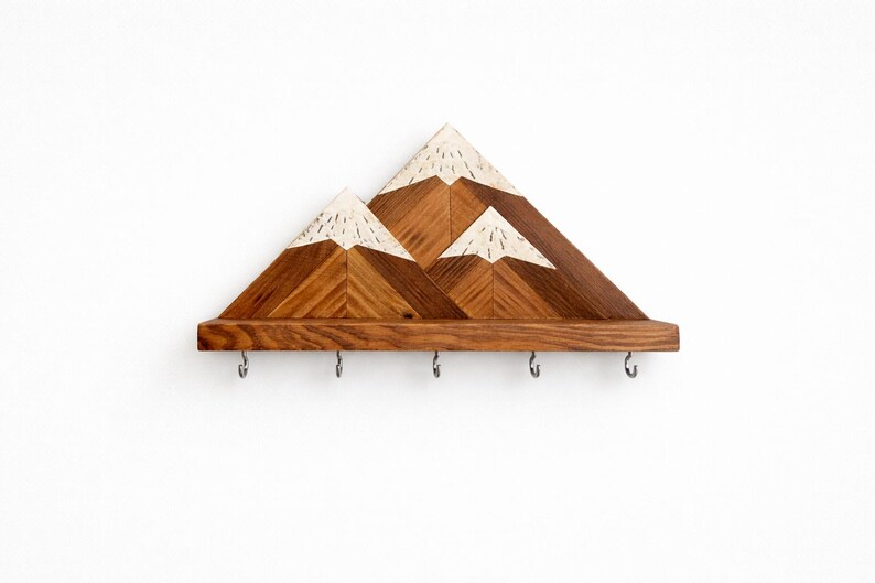 Llavero de pared de montaña / Estante de madera para llaves con ganchos / Organizador rústico para entrada silver hooks