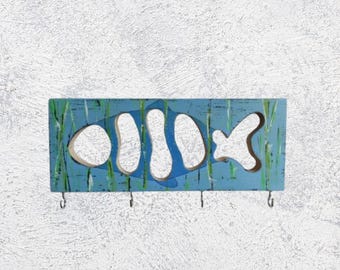 Nautical Fish Key Holder Wooden Wall Mount Rack Lake House Decor Gift