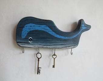 Whale Key Holder | Nautical Wall Key Rack | Wooden Coastal Decor for Beach House
