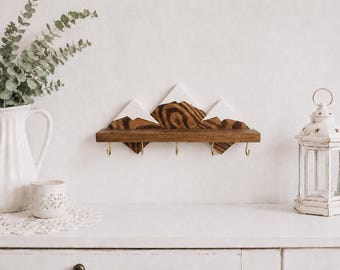 Rustic Mountain Wall Key Holder | Wooden Key Rack with Hooks | Cabin Entryway Decor