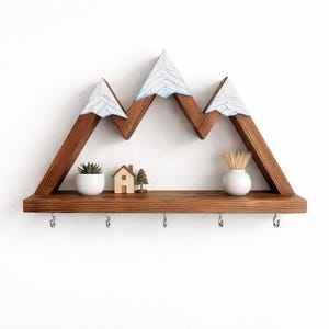 Mountain Key Holder for Wall with Shelf and Hooks | Rustic Wooden Key Rack | Entryway Organizer | Hiker Gifts silver hooks