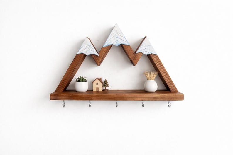Mountain Key Holder for Wall with Shelf and Hooks | Rustic Wooden Key Rack | Entryway Organizer | Hiker Gifts silver hooks