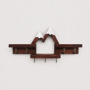 Mountain Key Holder with Shelf and Hooks | Wooden Wall Key Rack | Rustic Entryway Organizer | Cabin Decor | First Apartment Gift