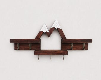 Mountain Key Holder with Shelf and Hooks | Wooden Wall Key Rack | Rustic Entryway Organizer | Cabin Decor | First Apartment Gift