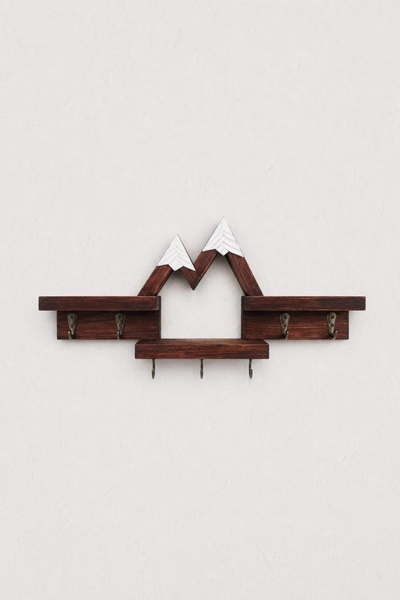 Mountain Key Holder with Shelf and Hooks | Wooden Wall Key Rack | Rustic Entryway Organizer | Cabin Decor | First Apartment Gift