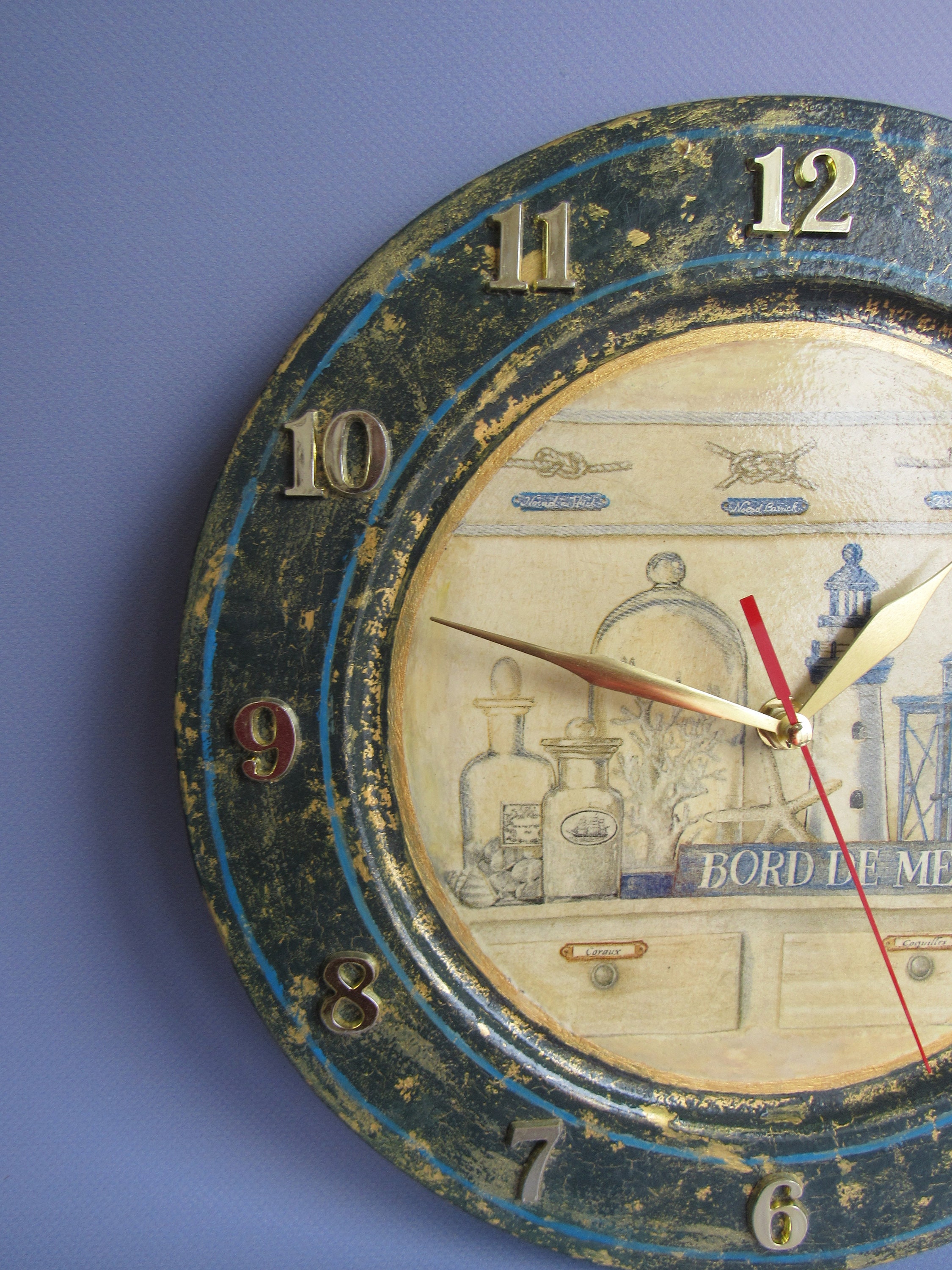 Nautical Silent Clock/ Round Wall Clock Wood/ Blue Kitchen Etsy