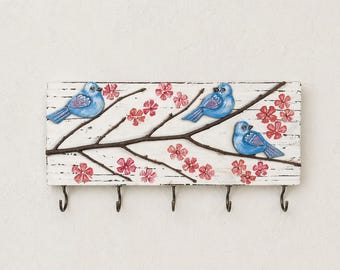 Bird Key Holder for Wall | Cherry Blossom Wooden Key Rack | Entryway Organizer | Farmhouse Cottage Decor