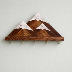 Llavero de pared de montaña / Estante de madera para llaves con ganchos / Organizador rústico para entrada gold hooks