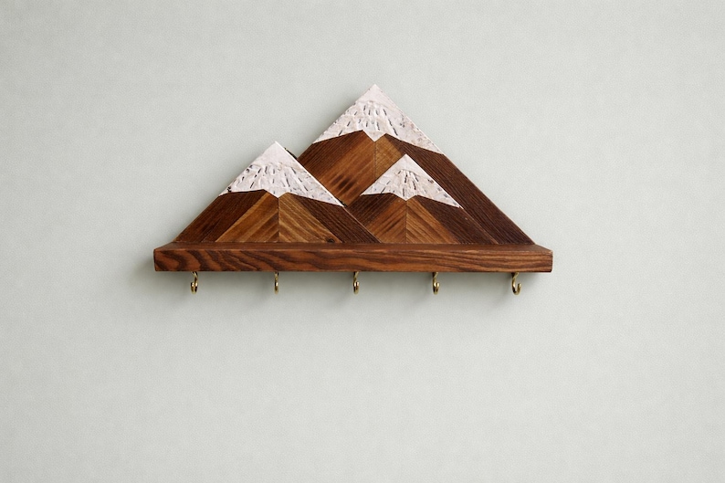 Llavero de pared de montaña / Estante de madera para llaves con ganchos / Organizador rústico para entrada gold hooks