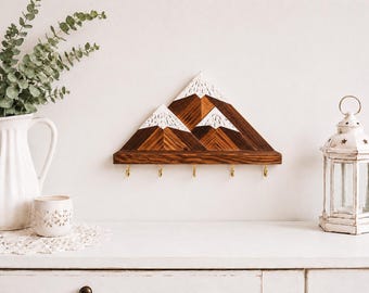 Mountain Wall Key Holder | Wooden Key Rack with Hooks | Rustic Entryway Organizer