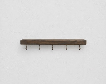 Minimalist Wooden Key Holder Shelf with Hooks | Small Floating Entryway Wall Organizer | Key Rack
