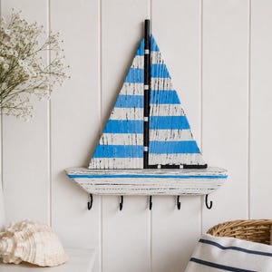 Sailboat Key Holder for Wall | Nautical Coastal Key Rack with Hooks | Beach House Decor