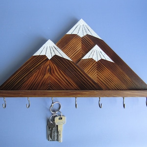 Mountain Wall Key Holder | Rustic Wooden Key Rack with Hooks | Cabin Decor & Hiker Gift