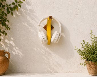 Soporte de madera con forma de plátano para auriculares / Soporte de pared para auriculares / Decoración frutal original / Regalo para gamers