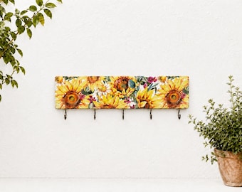 Sonnenblume Schlüsselhalter | Rustikales Blumen Schlüsselbrett aus Holz mit Haken | Bauernhaus Dekor