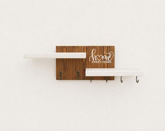 Entryway Key Holder with 2 Shelves | Wooden Wall Key Rack Hooks | Rustic Farmhouse Organizer