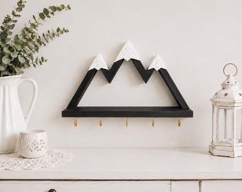 Soporte para llaves de montaña para pared con estante y 5 ganchos / Decoración de cabaña