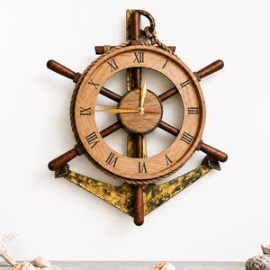 Reloj de pared náutico de madera con timón y ancla / Decoración para casa de playa / Reloj costero