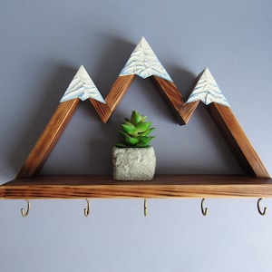 Mountain Key Holder for Wall with Shelf and Hooks | Rustic Wooden Key Rack | Cabin Entryway Decor | Outdoor Lovers Gift