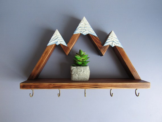 Mountain Key Holder for Wall with Shelf and Hooks | Rustic Wooden Key Rack | Entryway Organizer | Hiker Gifts