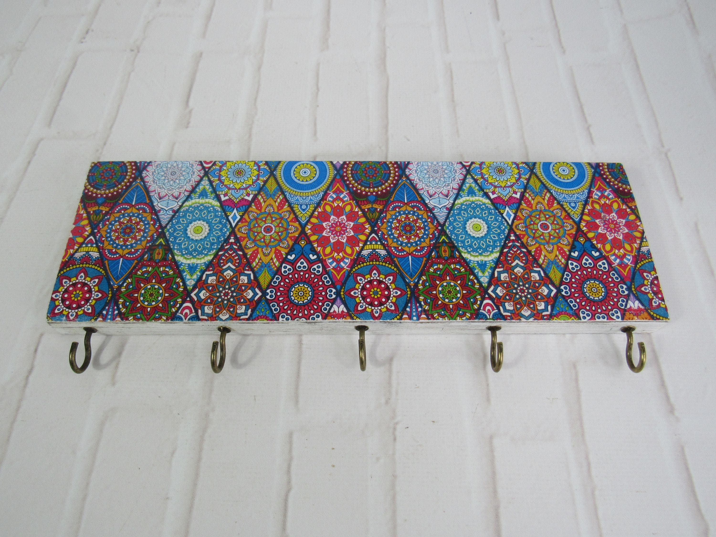 Mandala Boho Key Holder for Wall | Colorful Key Rack With 5 Hooks ...