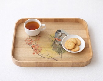 Bandeja de té de madera con pájaros / Bandeja decorativa para servir / Decoración del hogar estilo cottagecore