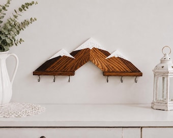 Soporte de madera con forma de montaña para llaves de pared / Perchero rústico para llaves con 6 ganchos