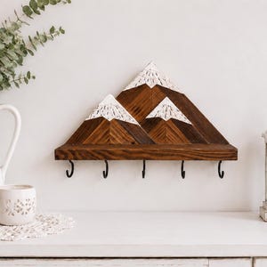 Wooden Mountain Key Holder for Wall with 5 Hooks | Rustic Entryway Decor