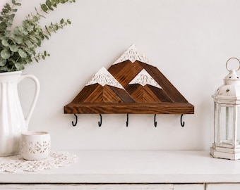 Llavero de madera con forma de montaña para pared con 5 ganchos / Decoración rústica para la entrada