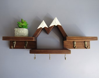 Mountain key rack shelf/ Key holder for wall with hooks/ First apartment gift