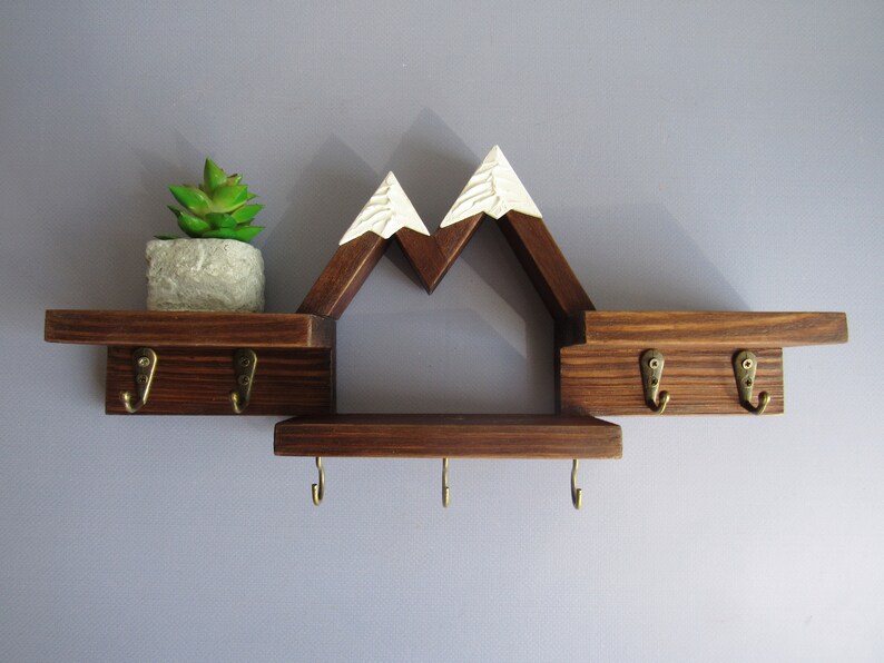 Mountain Key Rack Shelf | Key Holder for Wall with Hooks | First Apartment Gift