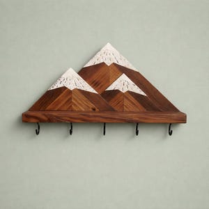 Llavero de pared de montaña / Estante de madera para llaves con ganchos / Organizador rústico para entrada black hooks