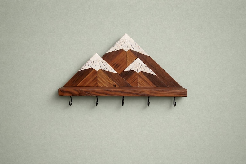 Llavero de pared de montaña / Estante de madera para llaves con ganchos / Organizador rústico para entrada black hooks