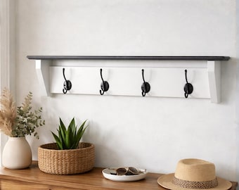 Perchero de madera con estante / Organizador de ganchos de pared para recibidor estilo granja moderna