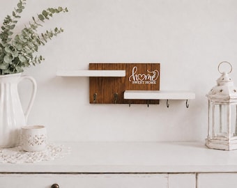 Entryway Key Holder with 2 Shelves | Wooden Wall Key Rack | Rustic Farmhouse Organizer